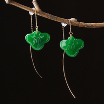 Retro Ruyi jadeite female ear chain long sterling silver short fresh earrings Super fairy temperament National style earrings