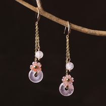 Ancient style earrings pink crystal women retro small flat buckle earrings long super fairy temperament ear clip Chinese style ear jewelry