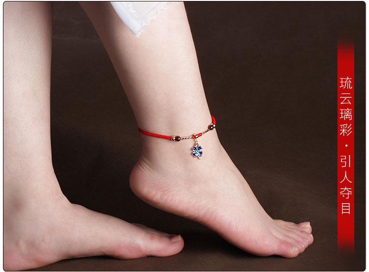 Cổ chân nữ dây đỏ chân chuỗi quốc gia chân gió dây dệt tay bốn lá cỏ ba lá phong cách Trung Quốc chân đồ trang sức chân cổ - Vòng chân lắc chân bạc pnj