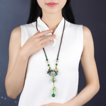 Retro sweater chain long necklace Joker women autumn and winter accessories simple fashion green agate wild National style jewelry