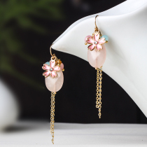 Retro pink earrings female ancient wind earrings hipster fringed chalcedony temperament Super fairy sweet Chinese style ear jewelry