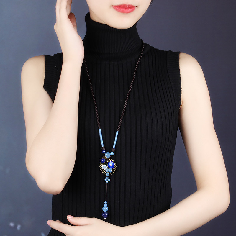 Vintage elegant chalcedony beads cloisonne sweater hanging decoration Sweater chain long version necklace Women fashion wild jewelry spring and summer