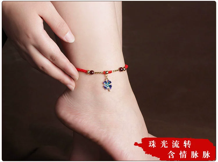 Cổ chân nữ dây đỏ chân chuỗi quốc gia chân gió dây dệt tay bốn lá cỏ ba lá phong cách Trung Quốc chân đồ trang sức chân cổ - Vòng chân