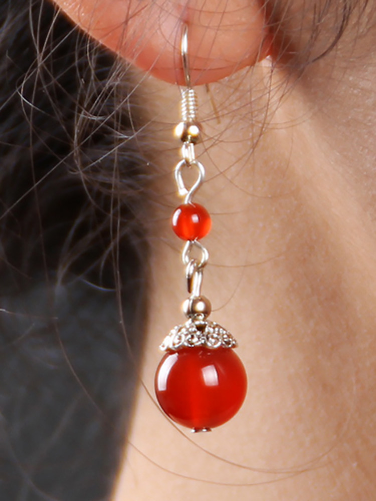 Ethnic style red agate earrings Sterling silver hypoallergenic earrings Temperament sweet simple beads vintage earrings women jewelry