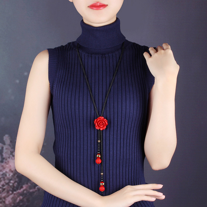 Retro woolen clothing chain long version necklace decorations adjustable red flowers autumn and winter 100 hitch minimalist ethnic wind hanging decoration