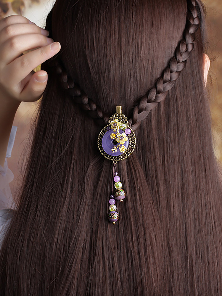 Ancient style hairpin female adult national wind hair ornaments hairpin word clip Liuhai Amethyst half tie hair clip small clip headdress