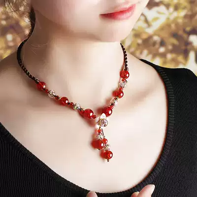 Ethnic style red agate necklace female ancient style necklace pendant short retro clavicle chain temperament wild neck jewelry