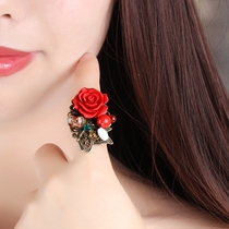 Ethnic style decorative ring female retro hand decoration personality cinnabar rose index finger ring jewelry exaggerated autumn and winter accessories