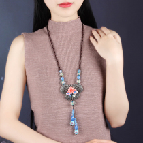 Ethnic style sweater ornaments rose retro necklace female glazed chalcedony Tibetan silver wild autumn and winter simple atmospheric jewelry