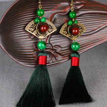 National Wind Flow Suear Pendant Womens Retro Earrings Medium Long earring ink Green silk thread 100 Lapped Personality Accessories Winter Ear Clip