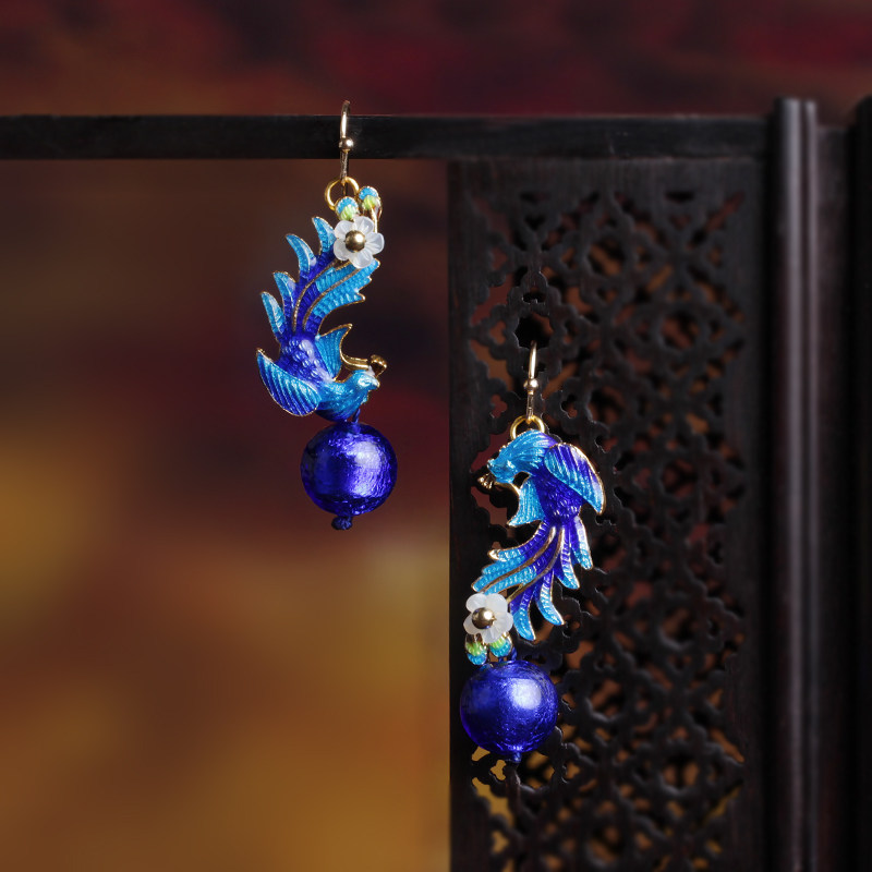 Chinese style earrings short female vintage drop earrings blue glass Cloisonne Phoenix classical wild ethnic style earrings