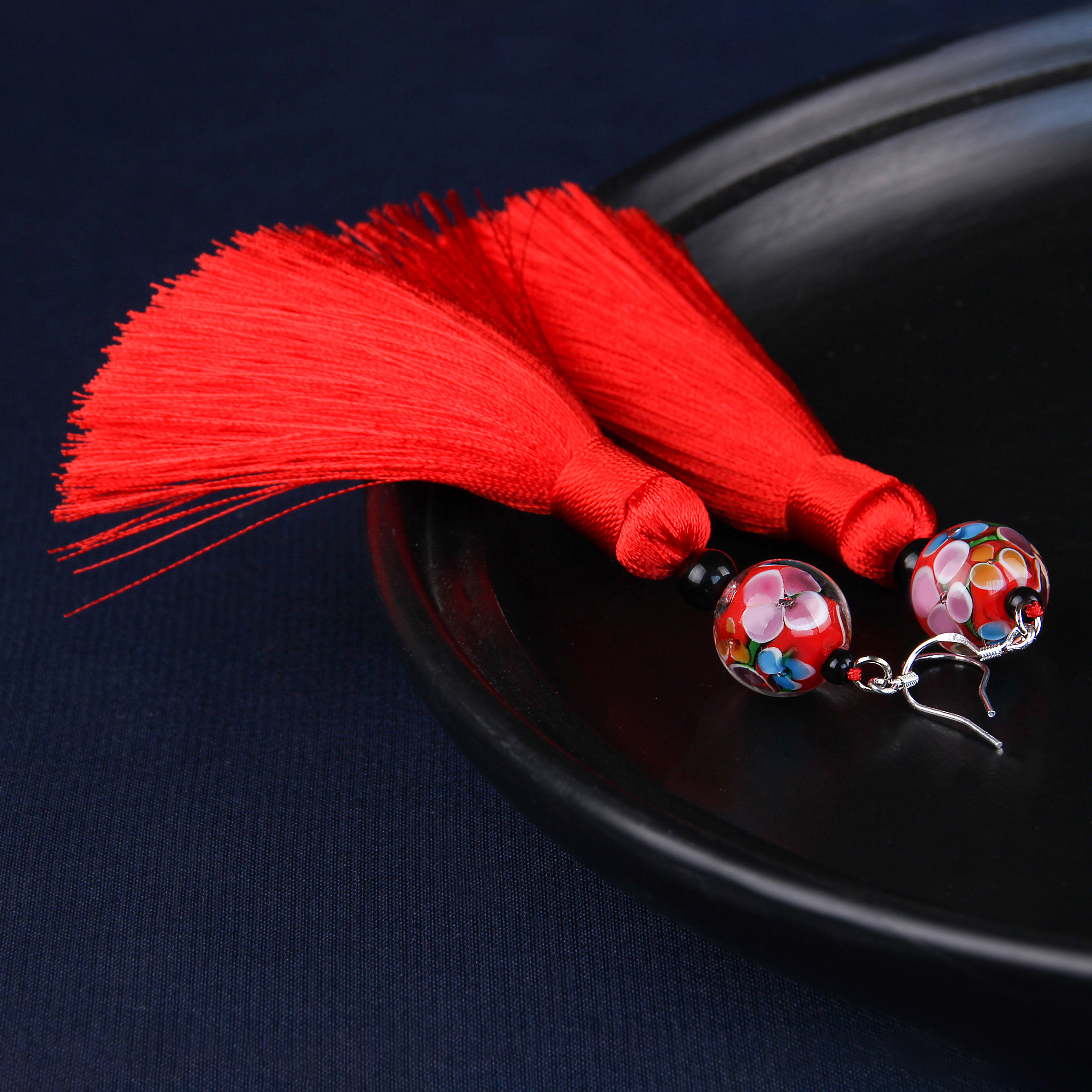 Retro Red Glazed Pearl Earrings National Wind Red Streaming Su Earrings Long version of earrings Lady Temperament 100 Lapped Ornament Woman