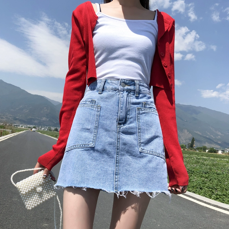 Váy eo cao một kiểu denim nữ mùa hè 2020 thiết kế tạo sóng mới phù hợp với phong cách retro hoang dã váy mùa xuân - Váy