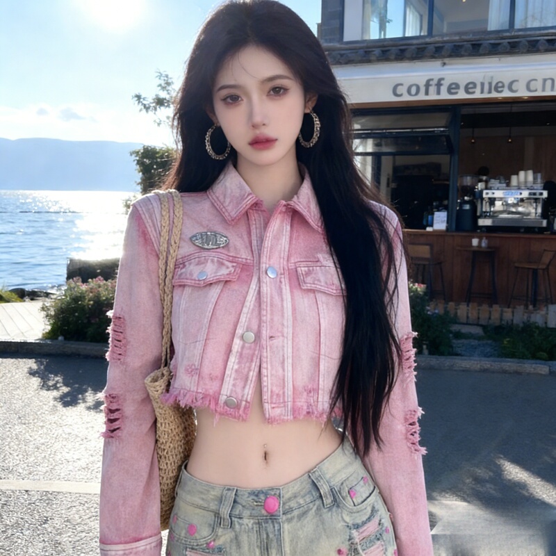 Trendy High Street Design 2026 Spring New Style Spicy Pink Washed Ripped Denim Short Jacket for Women Loose Fashion Jacket