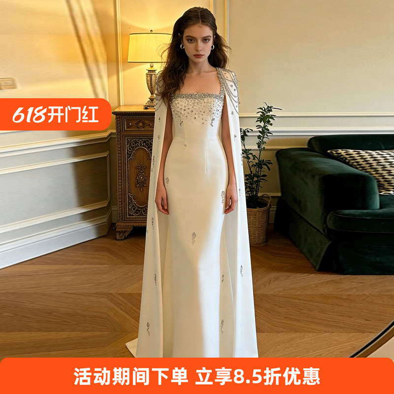 Elegant High-End Evening Dress, White, Heavily Beaded with Chain Shawl, Suitable for Hosting Banquets, Art Exams, Vocal Solo Performances Elegant High-End Evening Dress, White, Heavily Beaded with Chain Shawl, Suitable for Hosting Banquets, Art Exams, Vocal Solo Performances