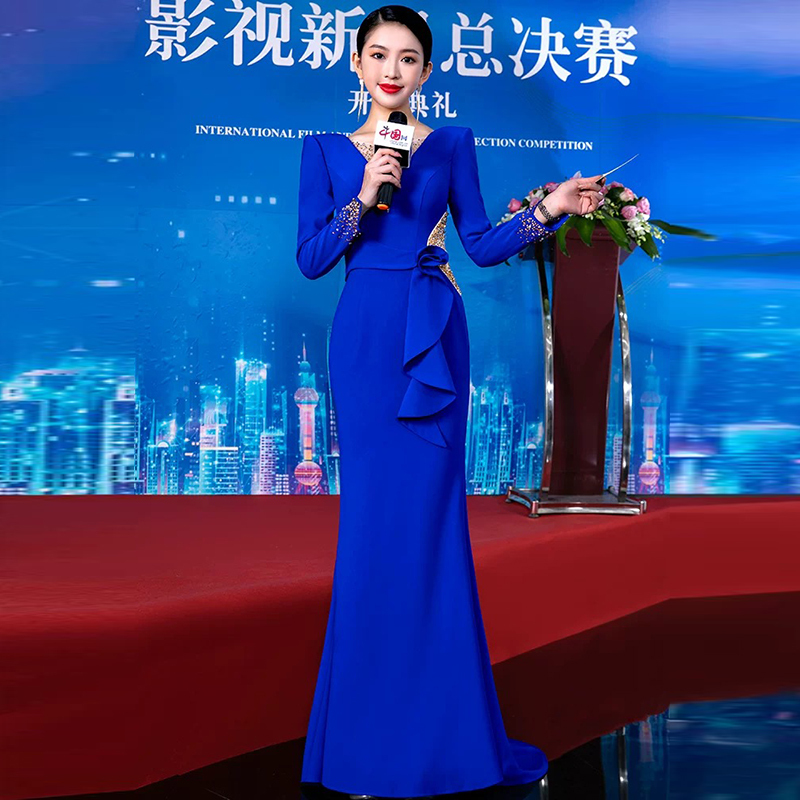 Blue Host Evening Dress 2026 New High-End Elegant Long-Sleeve Mermaid Style Annual Meeting Talent Show Solo Performance Dress for Women