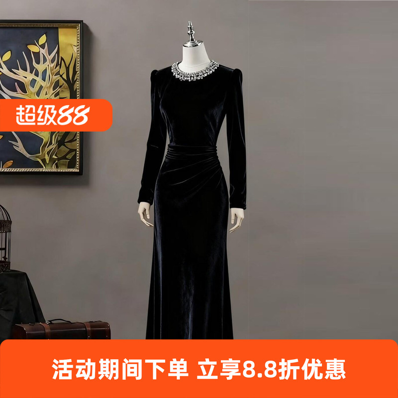 Black Evening Dress for Women, French High-End Style, Elegant, Suitable for Piano Performance, Solo Performance, Conductor Attire, Art Exam, Annual Meeting, Performance Host