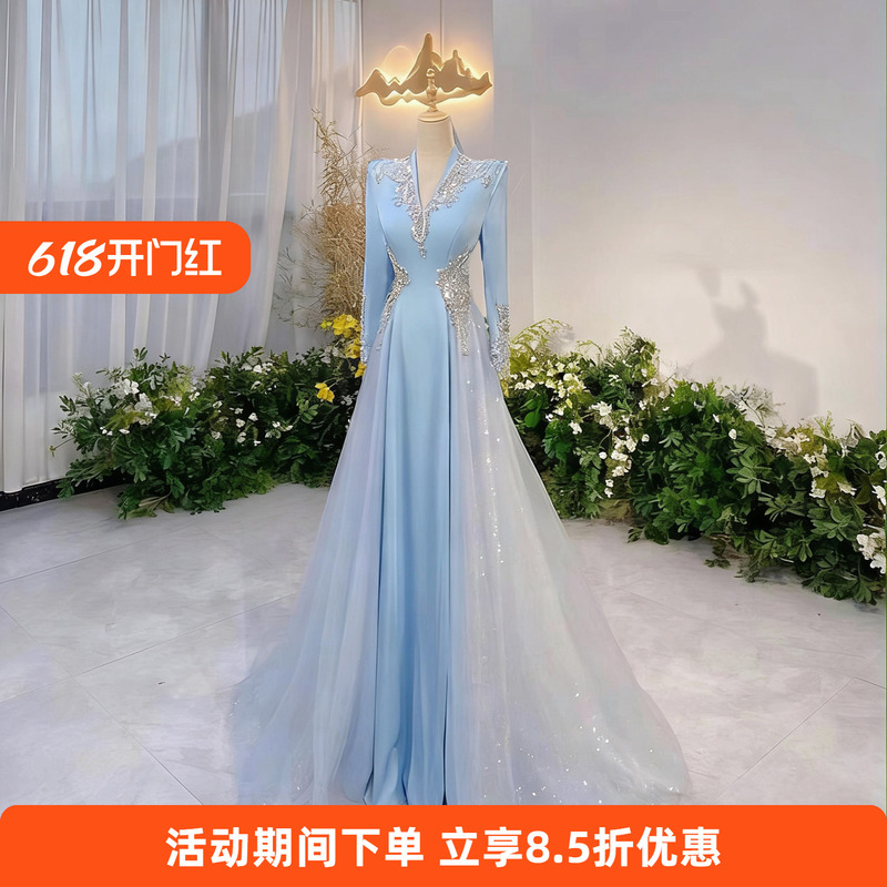 Blue Long-Sleeved Evening Dress, Dignified and Elegant, Suitable for Guzheng Performance, Annual Meeting, Folk Song Chorus, Hosting, and Performance Long Dress Blue Long-Sleeved Evening Dress, Dignified and Elegant, Suitable for Guzheng Performance, Annual Meeting, Folk Song Chorus, Hosting, and Performance Long Dress
