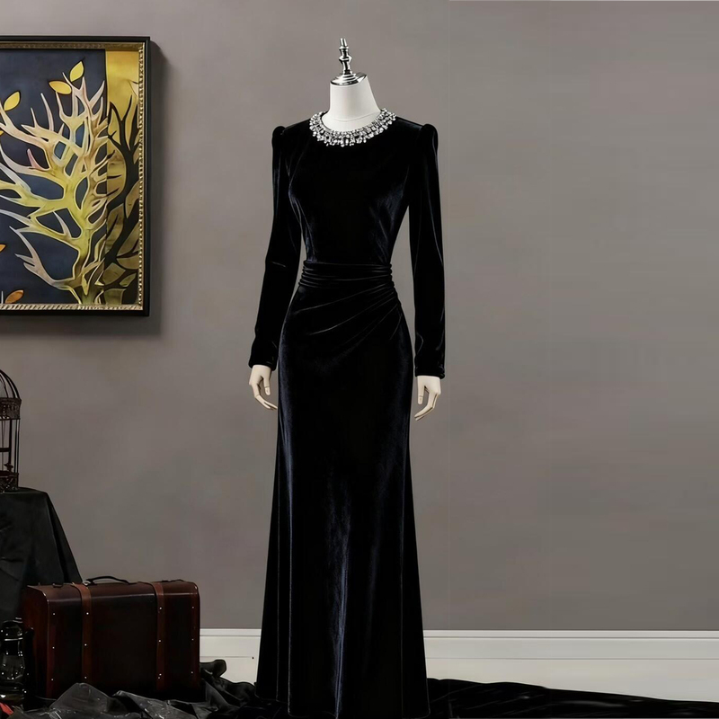 Black Evening Dress for Women, French High-End Style, Elegant, Suitable for Piano Performance, Solo Performance, Conductor Attire, Art Exam, Annual Meeting, Performance Host Black Evening Dress for Women, French High-End Style, Elegant, Suitable for Piano Performance, Solo Performance, Conductor Attire, Art Exam, Annual Meeting, Performance Host