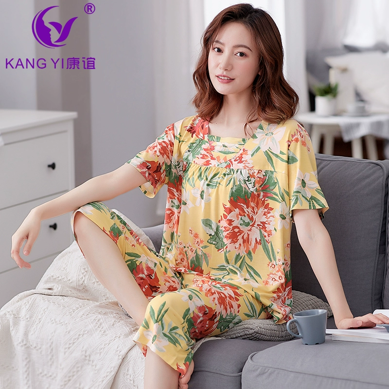 Kangyi Phương thức đồ ngủ phụ nữ mùa hè cotton lụa ngắn tay quần năm điểm trung niên rộng rãi dịch vụ nhà mỏng hai mảnh phù hợp - Bên ngoài ăn mặc