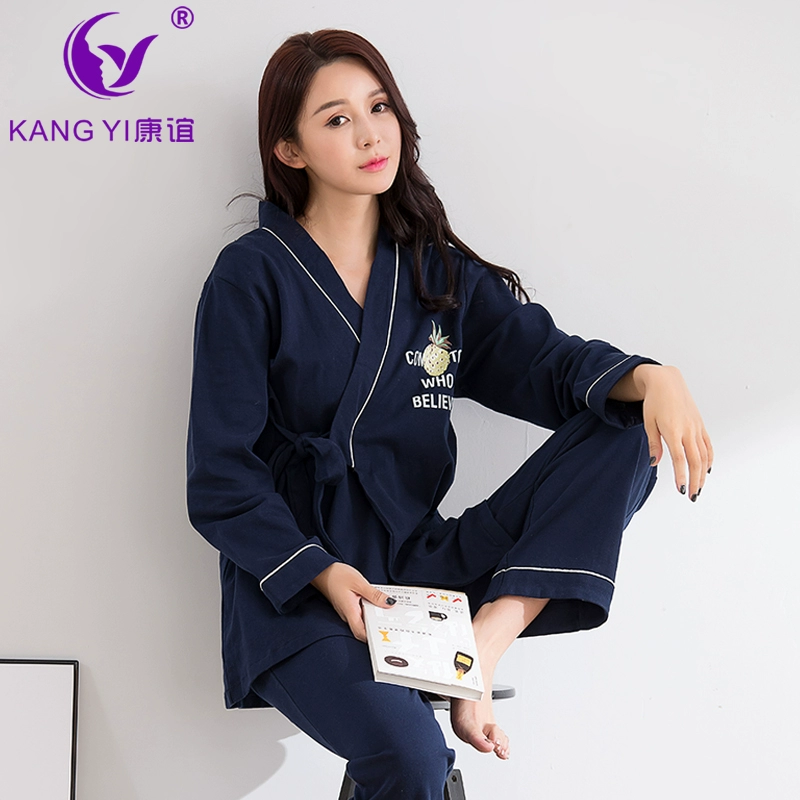 Hồng Kông Kangyi Mùa xuân và mùa thu Nhật Bản mới Kimono cotton Bộ đồ ngủ nữ dài tay thời trang ren cotton Bộ đồ mặc nhà - Bên ngoài ăn mặc