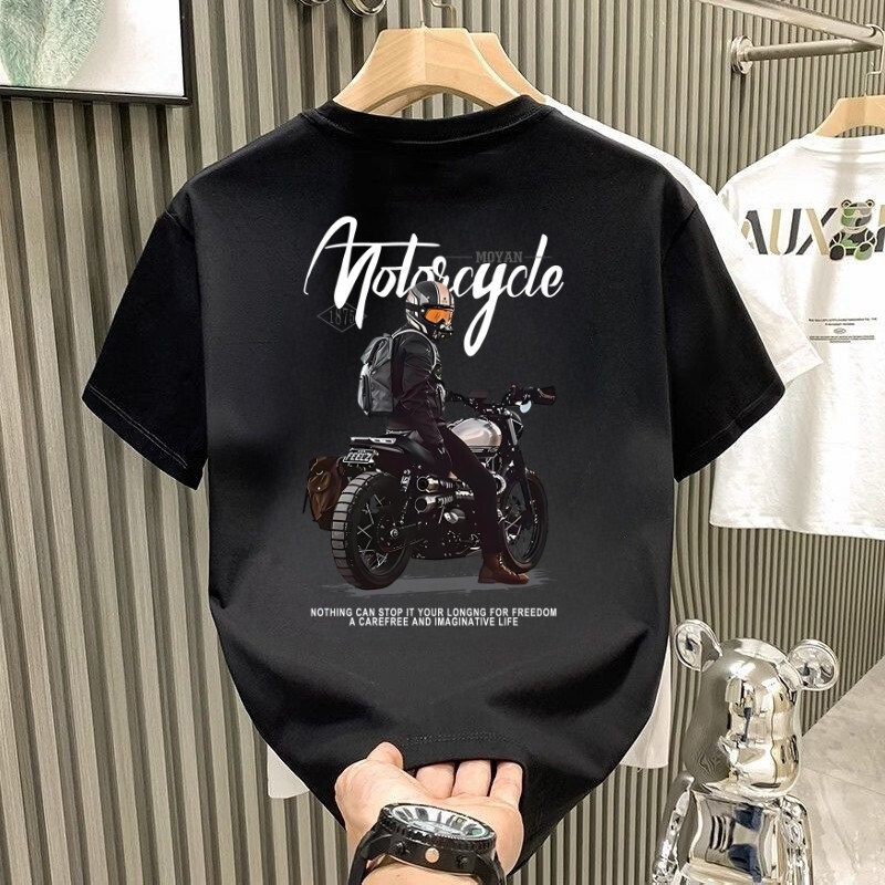 Summer New Trendy Brand Heavyweight Pure Cotton Short-Sleeve T-Shirt for Men with Street Motorcycle Graphic, Versatile Loose Fit Top