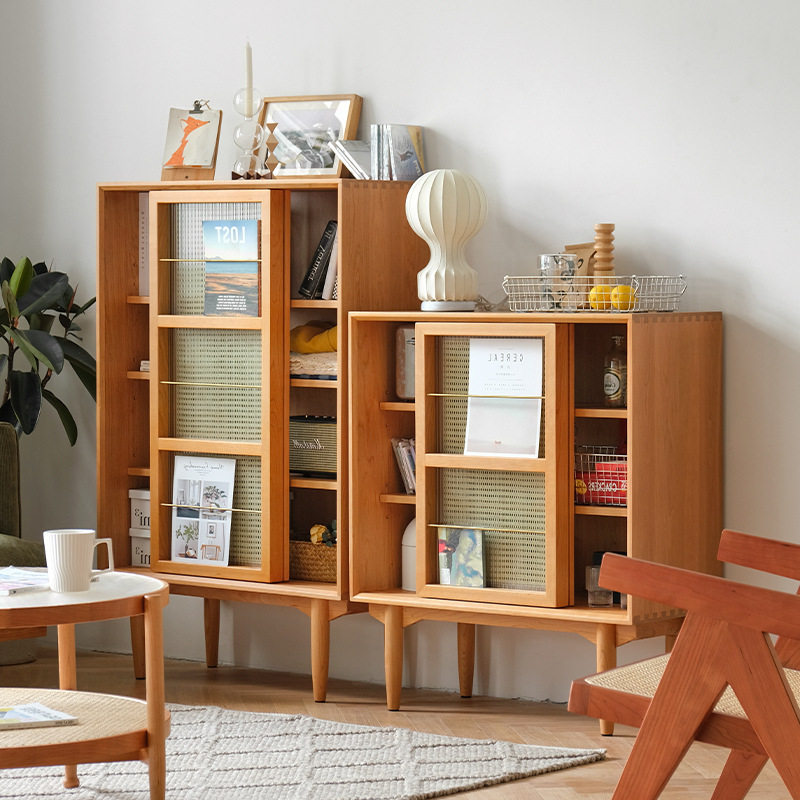 Nordic solid wood rattan bookcase modern minimalist living room glass moving door storage cabinet Japanese storage cabinet display cabinet