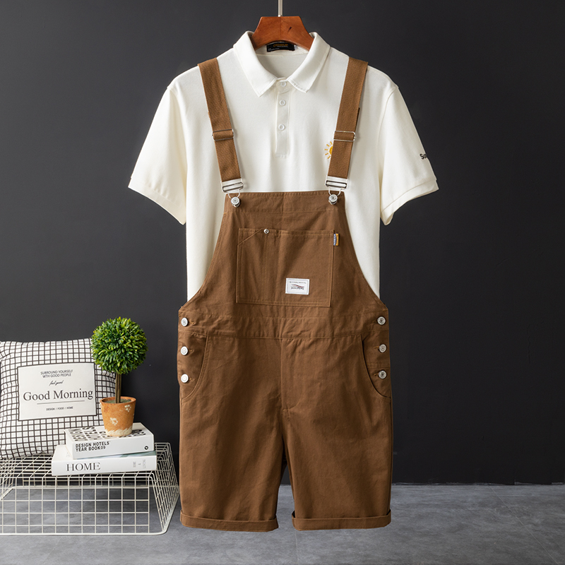 American Retro Overalls Shorts for Men, Summer Loose Straight Casual Workwear Mid-Length Pants, Brown Suspenders Pants