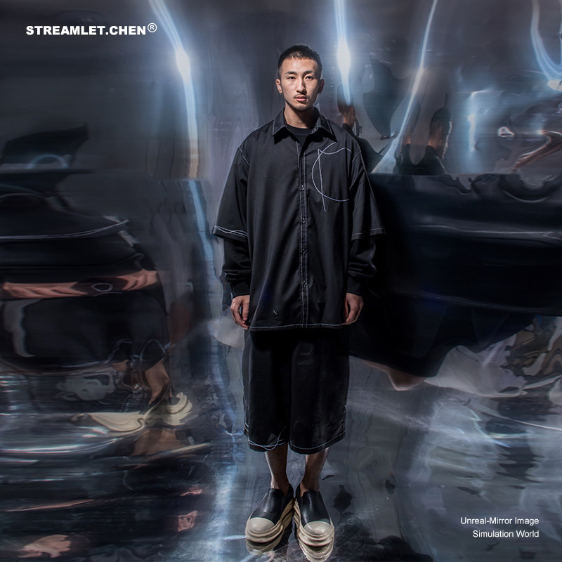 STREAMLET CHEN: Flaw Pans FAKE FLAW RUNNING LINE DESIGN BRIGHT LINE EMBROIDERY LOOSE 50% PANTS