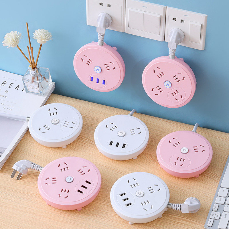Cute Teenage Girl Hearts Round Socket Panel Porous Extension Cord Dorm Multifunction Extension Wire Usb Plug-in Students