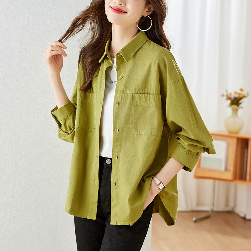 Women's Shirt 2026 Spring and Autumn New Green Shirt, All-Cotton Long-Sleeve Shirt, Layered Loose Versatile Professional Top