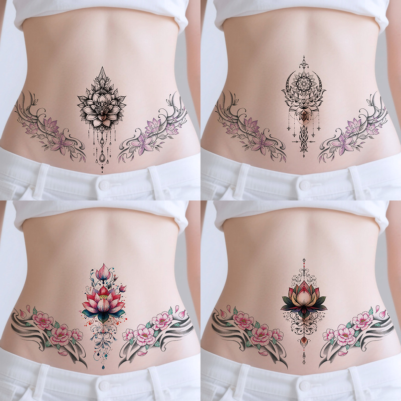 New Style Classical Fashion Sexy Flower Tattoo Stickers for Women, Waterproof, for Waist, Lower Abdomen, Navel, Forest Style, Beautiful and Elegant