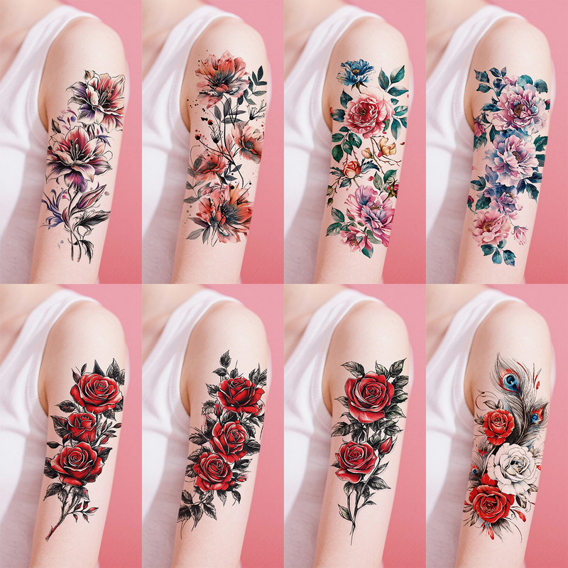 Colorful Flower Tattoo Stickers for Women, Waterproof Watercolor Floral Temporary Tattoos, Scar Cover, Red Rose, Sexy and Vibrant Colorful Flower Tattoo Stickers for Women, Waterproof Watercolor Floral Temporary Tattoos, Scar Cover, Red Rose, Sexy and Vibrant