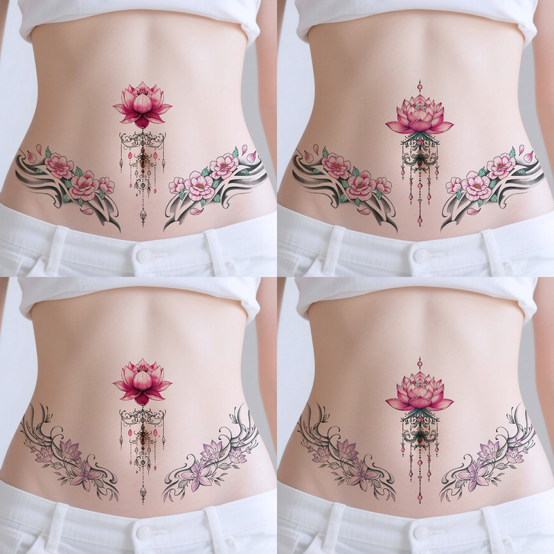 Sexy Colorful Flower Tattoo Stickers for Women, Waterproof, for Waist and Lower Abdomen, Pink, Beautiful Lotus Flower Temporary Tattoo