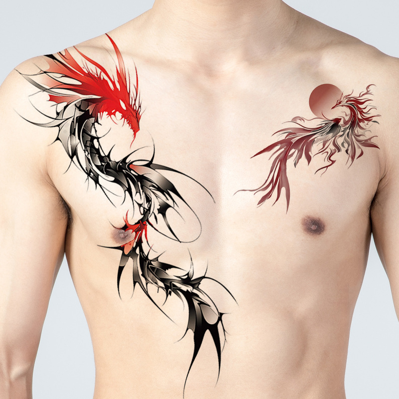 New Cool Colorful Fashion Tattoo Stickers for Men, Waterproof, High-End, Vintage, Bold Dragon and Phoenix Design, Personalized