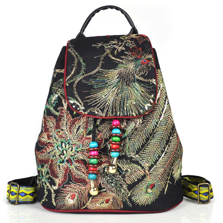 Send middle-aged and elderly female mother mother-in-law grandma national style embroidery flower canvas backpack to go out travel bag