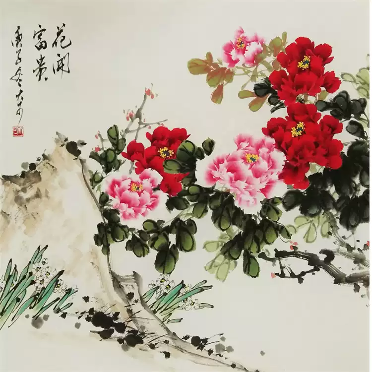 國畫寫意花鳥水墨畫真跡牡丹圖開花富貴四尺鬥方68cm*68cm中式裝飾畫作