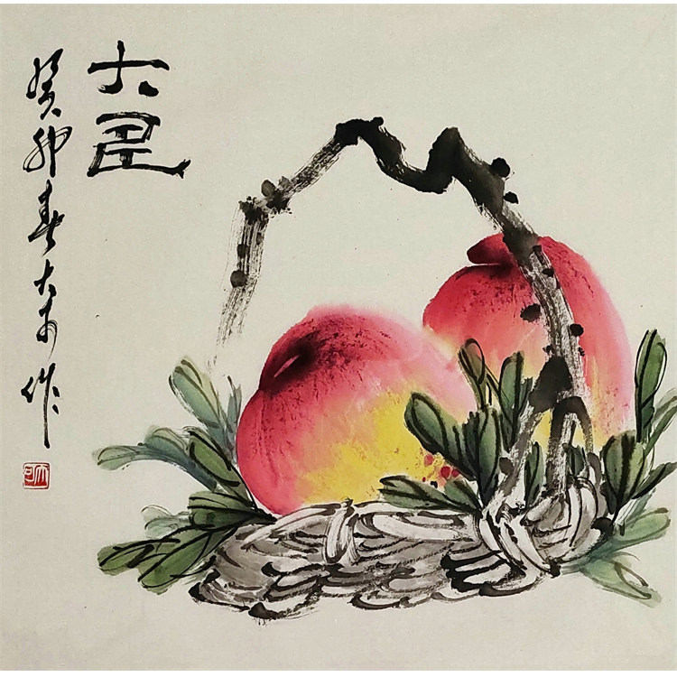 国画写意花鸟水墨真迹桃三尺斗方画芯50cm*50cm