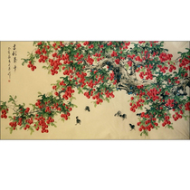 Peinture chinoise authentique à main levée de fleurs et doiseaux image de litchi et de poulet noyau de peinture de bannière Antique 180cm x 96cm