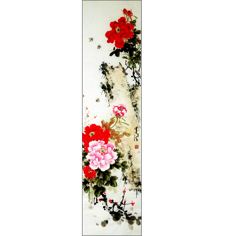 中国古美術★純手描き花鳥四条屏・牡丹画芯★国画・王雪涛印款・肉筆・宣紙・带水印 中国古美術☆純手描き花鳥四条屏・牡丹画芯☆国画・王雪涛印