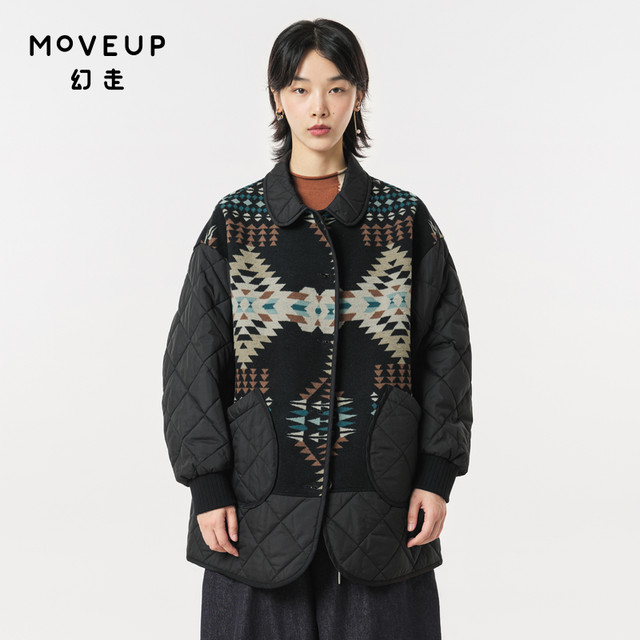 MOVEUP幻走2023冬季新款.FUN系列翻领撞布设计师中长款毛呢外套女