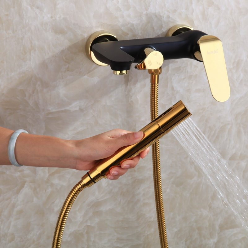 Vinjie full copper black gold hot and cold bathtub tap into wall Handheld shower head shower kit cylinder side type tap