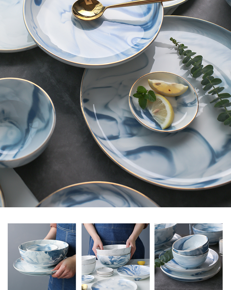 Island house action in blue Nordic up phnom penh marble ceramic plate household food dish bowl bowl rainbow such use A - 47