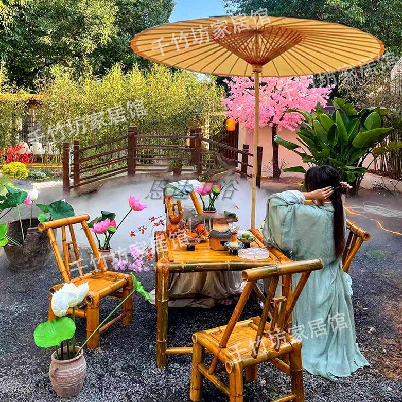 Tea Brewing by the Stove Umbrella, Same Style as Dream of Red Mansions, Decorative Leisure Patio Umbrella, Rainproof Bamboo Table and Chair Sunshade Umbrella, Outdoor Oil Paper Umbrella