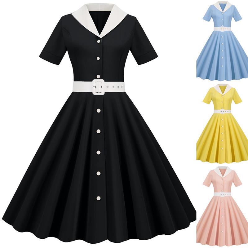 2022 Aliexpress New Solid Color Retro Short-Sleeve Color-Block V-Neck Party Evening Performance 50S Flared Dress