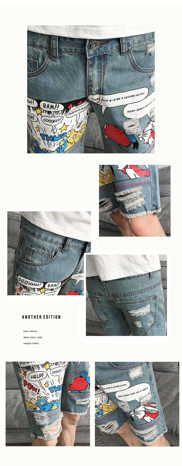 Mùa hè quần short denim lỗ của nam giới năm quần mùa hè phần mỏng cắt quần Hàn Quốc phiên bản của xu hướng tự canh tác 5 quần 7 quần