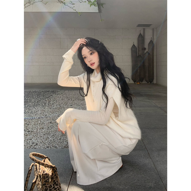 Youwei Lazy Style High-Neck White Sweater for Women, Autumn and Winter 2025 New Winter Knitted Vest