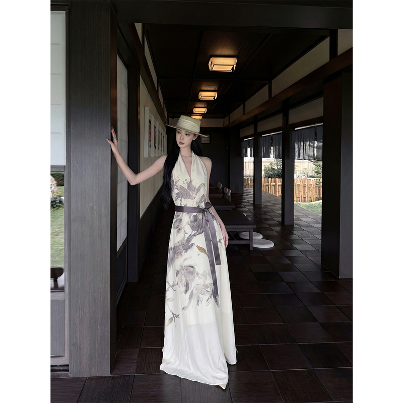 Youwei 2026 Stunning Dress for Women, Summer New Chinese Style V-Neck Halter Neck Sleeveless Tank Dress Long Dress