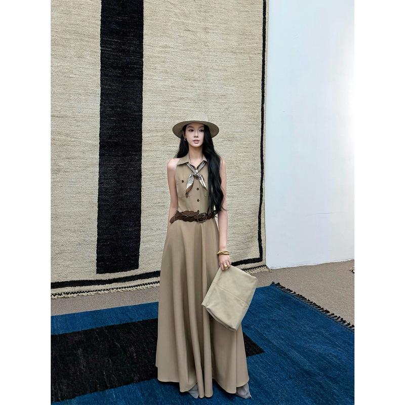 Youwei Dress for Women, Summer 2026 New Style, Elegant Halter Neck, Turn-Down Collar, Waist-Cinching, Sleeveless Shirt Dress