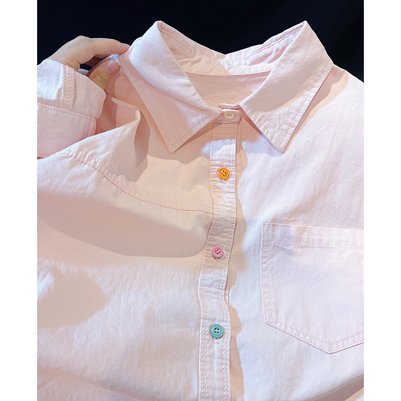 Dopamine Sweet Pink Pure Cotton Casual Long-Sleeve Shirt for Women, Autumn Versatile Slim-Fit Design, Niche Layering Shirt